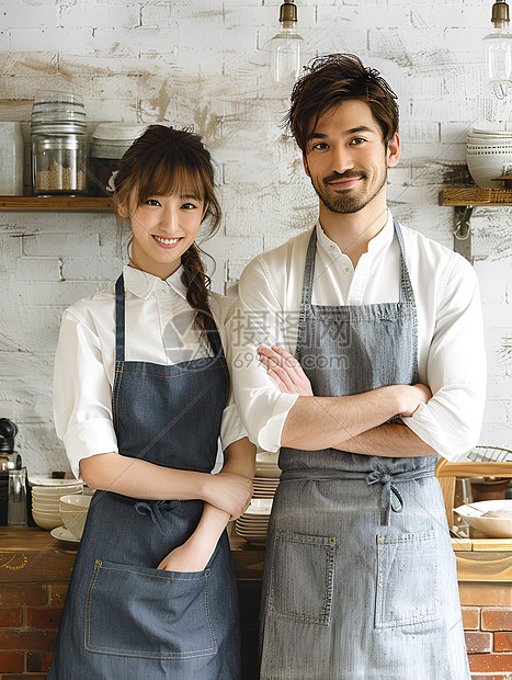 厨房里戴围裙的男女图片