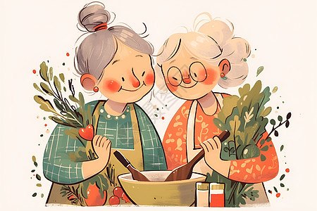 两位祖母一起烹饪蔬菜图片