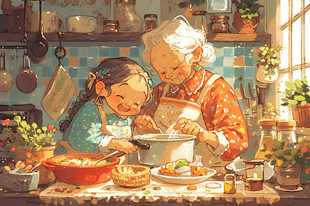 奶奶和孙女做美食图片