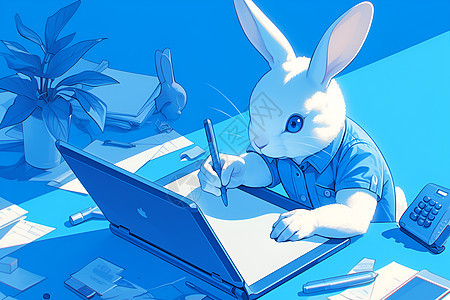 电脑前的兔子图片