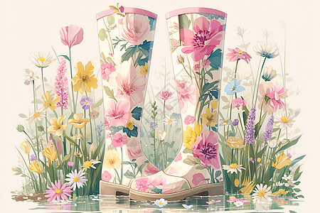 花丛里的靴子图片