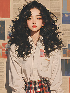 报纸墙前的亚洲美女陈琳图片