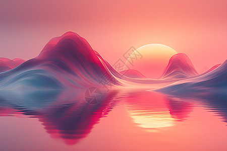 夕阳倒映的湖泊图片