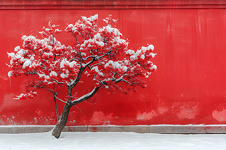 红墙前的树木图片