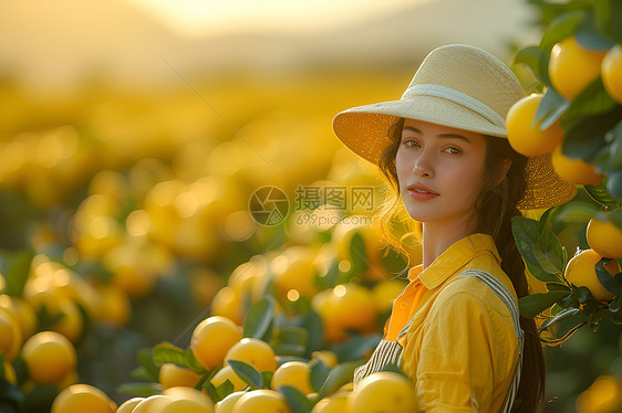 女子在柠檬田中图片