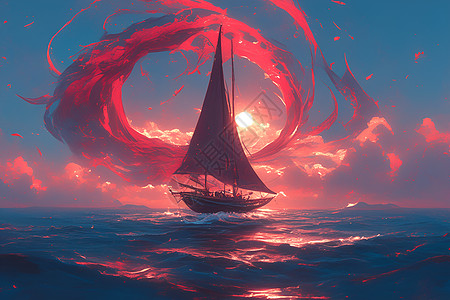 红色光芒中的帆船高清图片