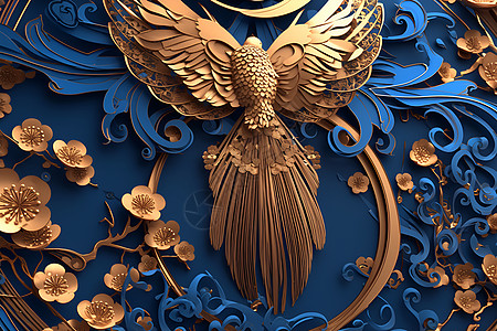 金色鸟儿与蓝色花卉背景图片