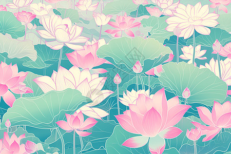粉白莲花和绿荷叶背景图片