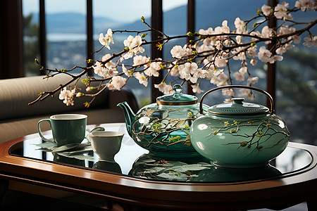 茶具和鲜花背景图片