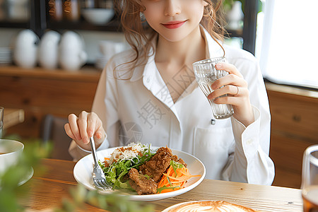 美食与美女拿着叉子女孩高清图片