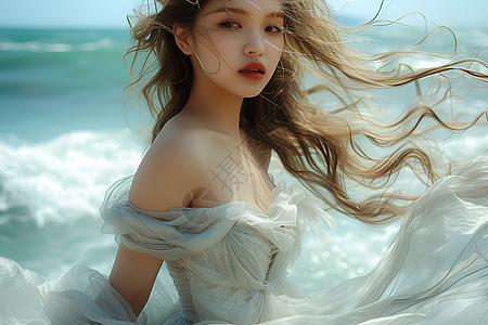 沙滩上的长发女孩图片