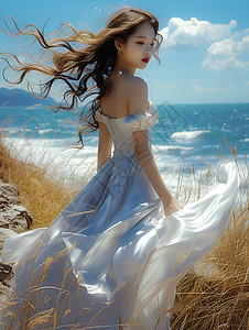 阳光海滩上的白裙美女图片