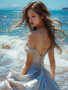 海滩上的白裙长发美女图片