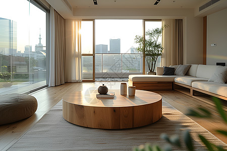 木质桌子的舒适客厅图片