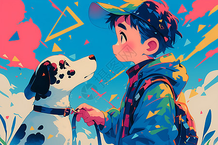可爱的卡通男孩牵着一只狗图片