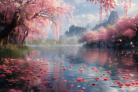 柳树下的樱花池塘图片