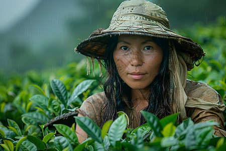 茶园雨中的采茶人图片