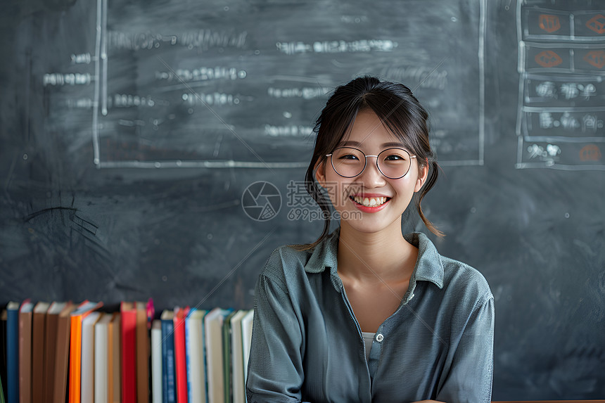 女教师站在黑板前图片