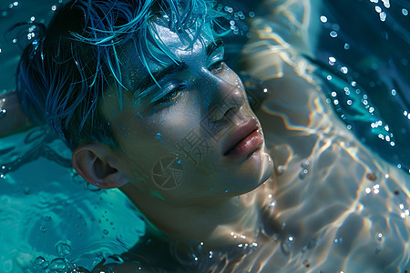 泳池里的蓝发男孩图片