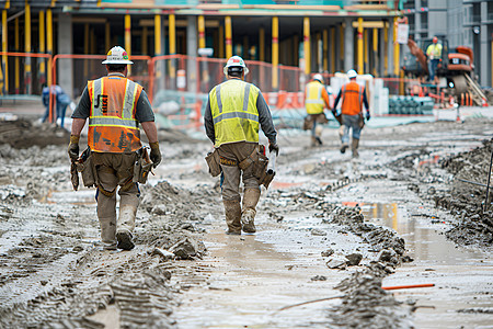 建筑工人在雨中穿过建筑工地图片