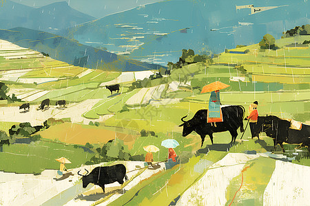 田间劳作的耕牛和农民图片