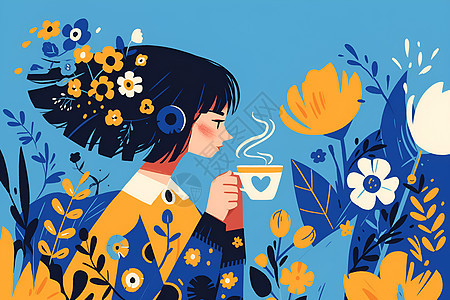 花丛里喝咖啡的女孩图片