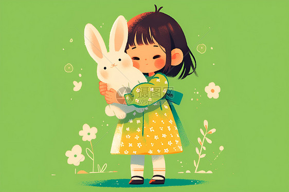 怀抱小白兔的小女孩图片