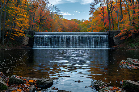 秋叶环绕的瀑布背景图片