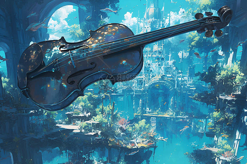 水中漂浮的小提琴图片