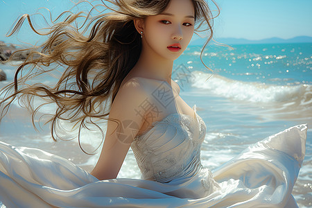 沙滩上风中的女子图片