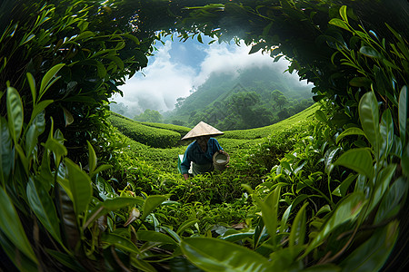 采摘茶茶园里的采茶工人背景