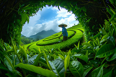 蓝天下的采茶人高清图片