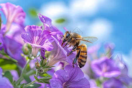 蜜蜂在牵牛花上采蜜图片