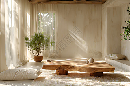 舒适沙发下的木制咖啡桌图片