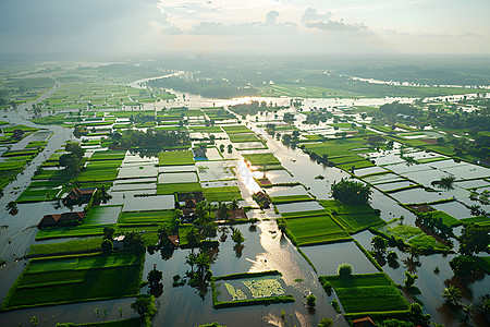 稻田被水和树木环绕图片