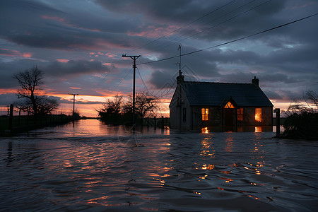 一座房屋被水淹没图片