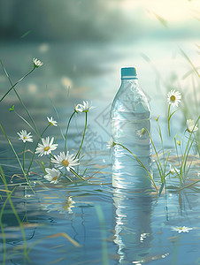 雏菊背景池塘上的瓶子设计图片