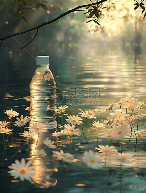 湖水中的水瓶图片