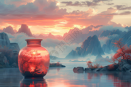湖畔夕照中的神秘花瓶图片