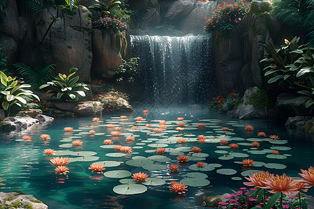 瀑布下的莲花池图片