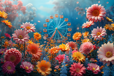 花团锦簇的摩天轮背景图片
