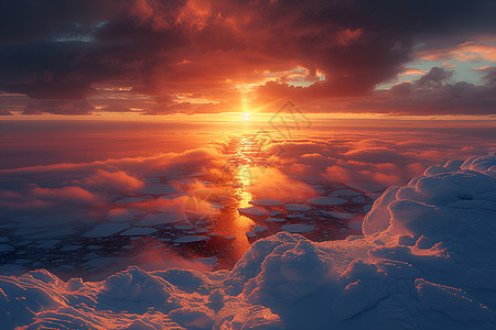 夕阳下的雪地海湾图片