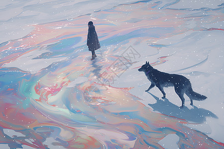 雪地漫步的女人和狗图片