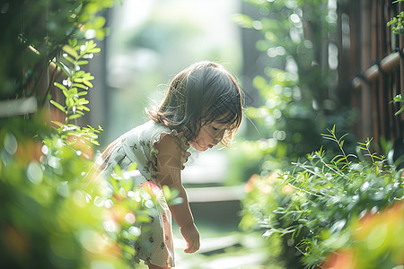 小女孩在花园里寻宝图片
