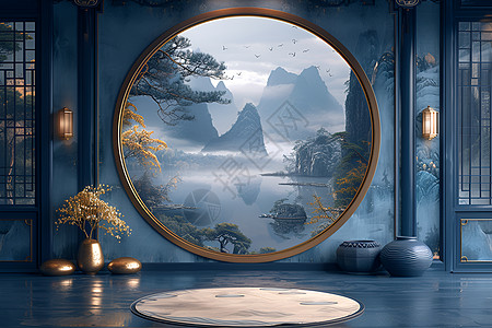 室内舞台竹子环绕画框设计图片