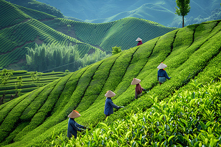 办工茶农精心采摘的茶叶背景