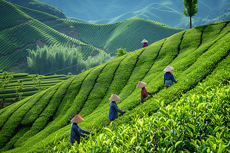 茶农精心采摘的茶叶图片