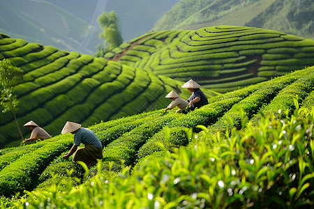 办工茶农团队在山区茶园中采摘背景