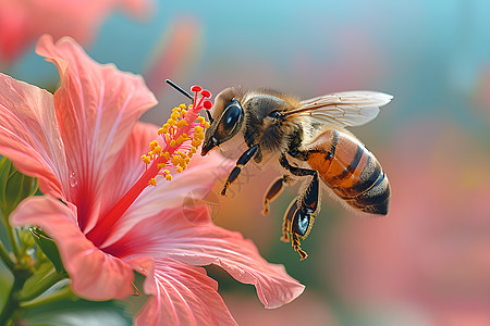 蜜蜂与粉色花朵共舞图片