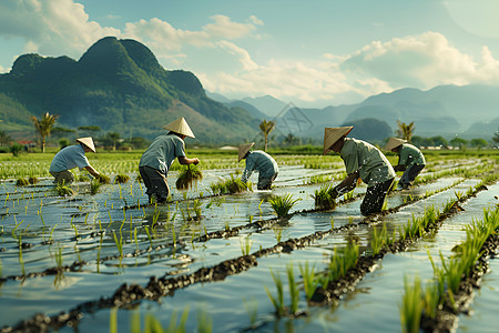 农民播种农民种植水稻背景